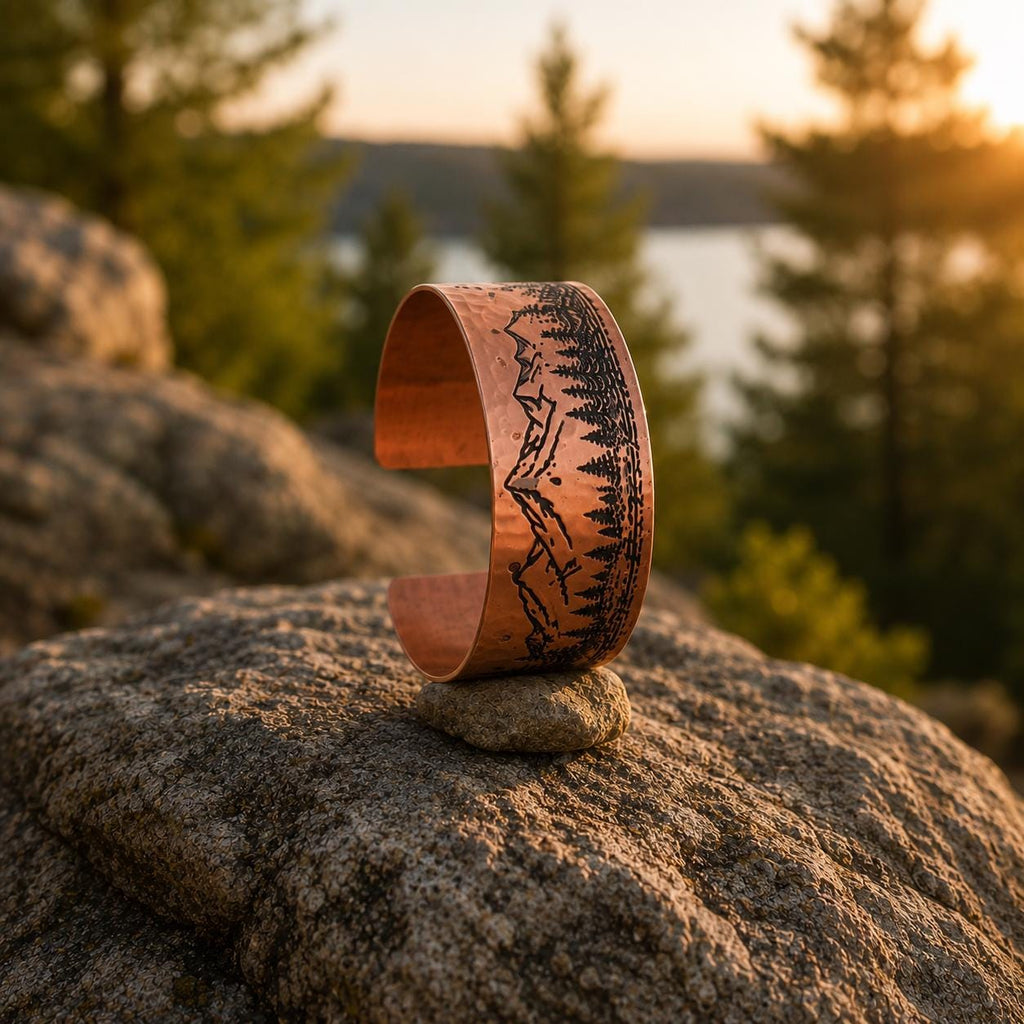 Engraved Mountain Copper Cuff Bracelet, Forest Landscape Nature Jewelry, Adjustable Hiking Bangle