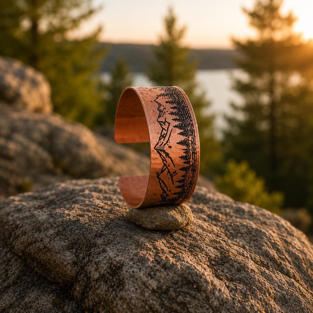 Engraved Mountain Copper Cuff Bracelet, Forest Landscape Nature Jewelry, Adjustable Hiking Bangle