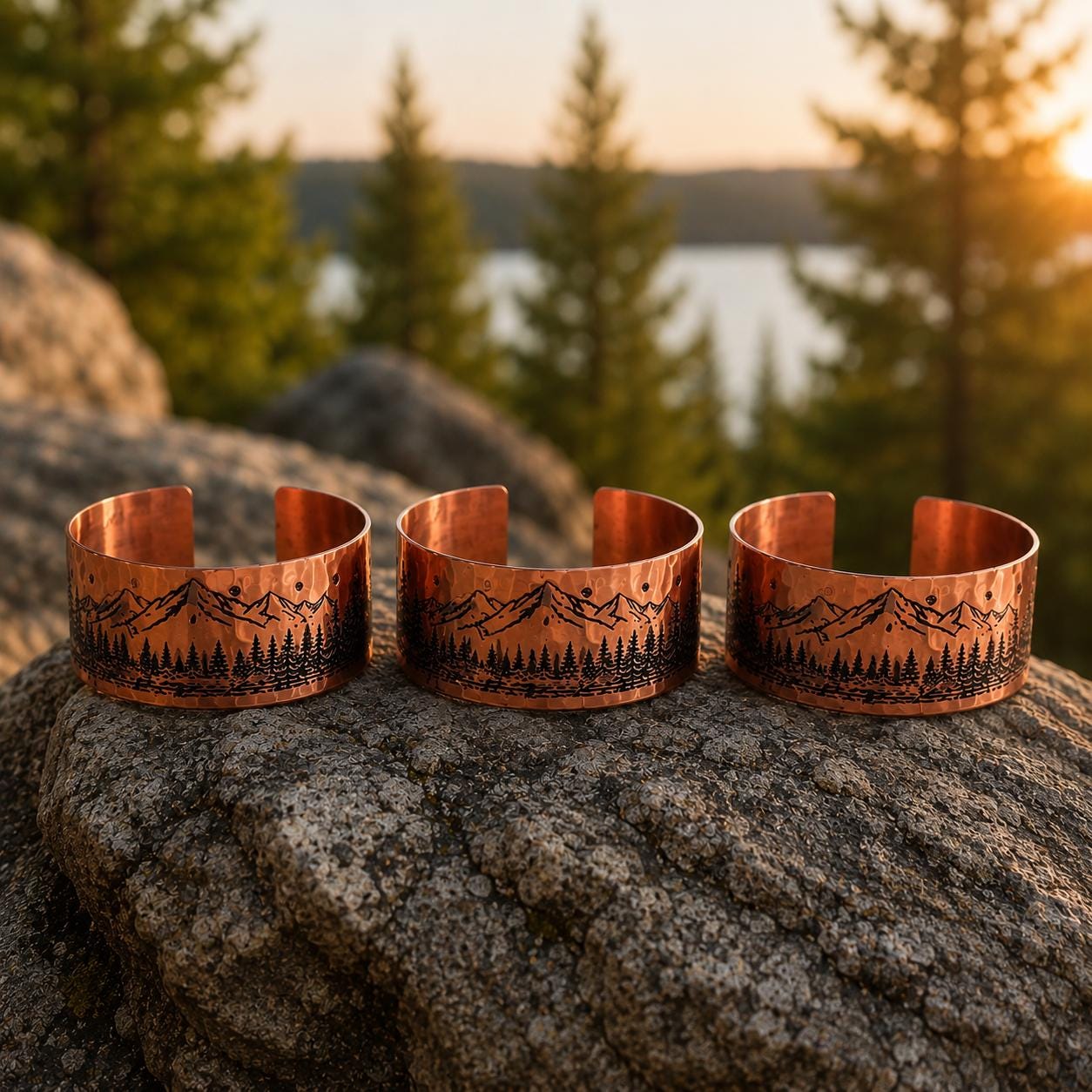Engraved Mountain Copper Cuff Bracelet, Forest Landscape Nature Jewelry, Adjustable Hiking Bangle