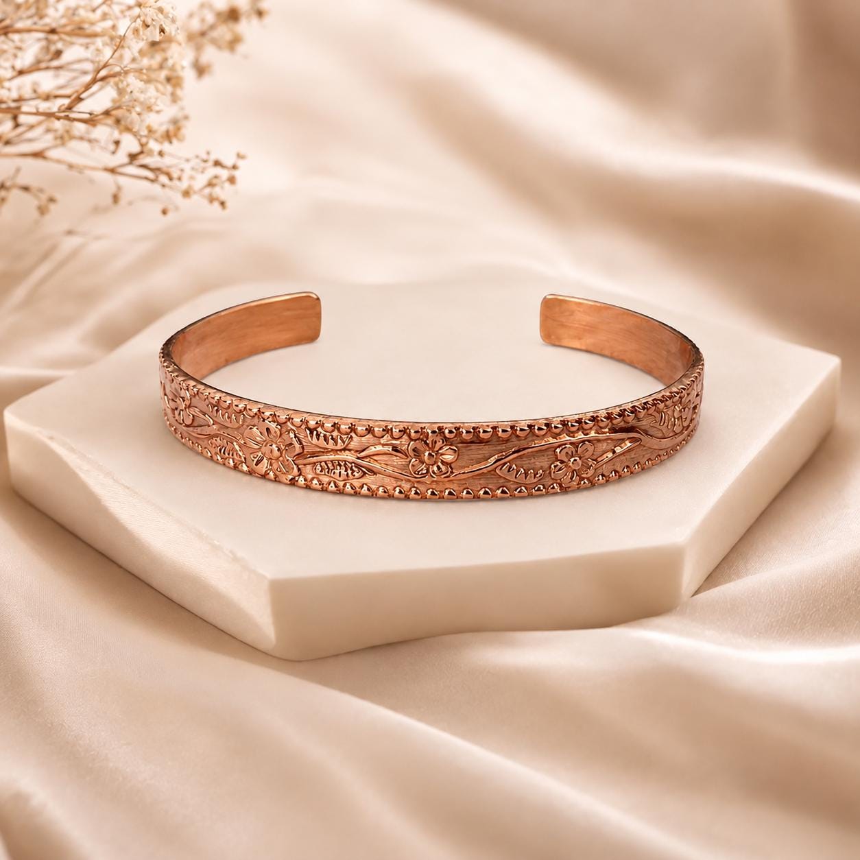 Engraved Floral Copper Cuff Bracelet | Vintage Style Bangle for Women