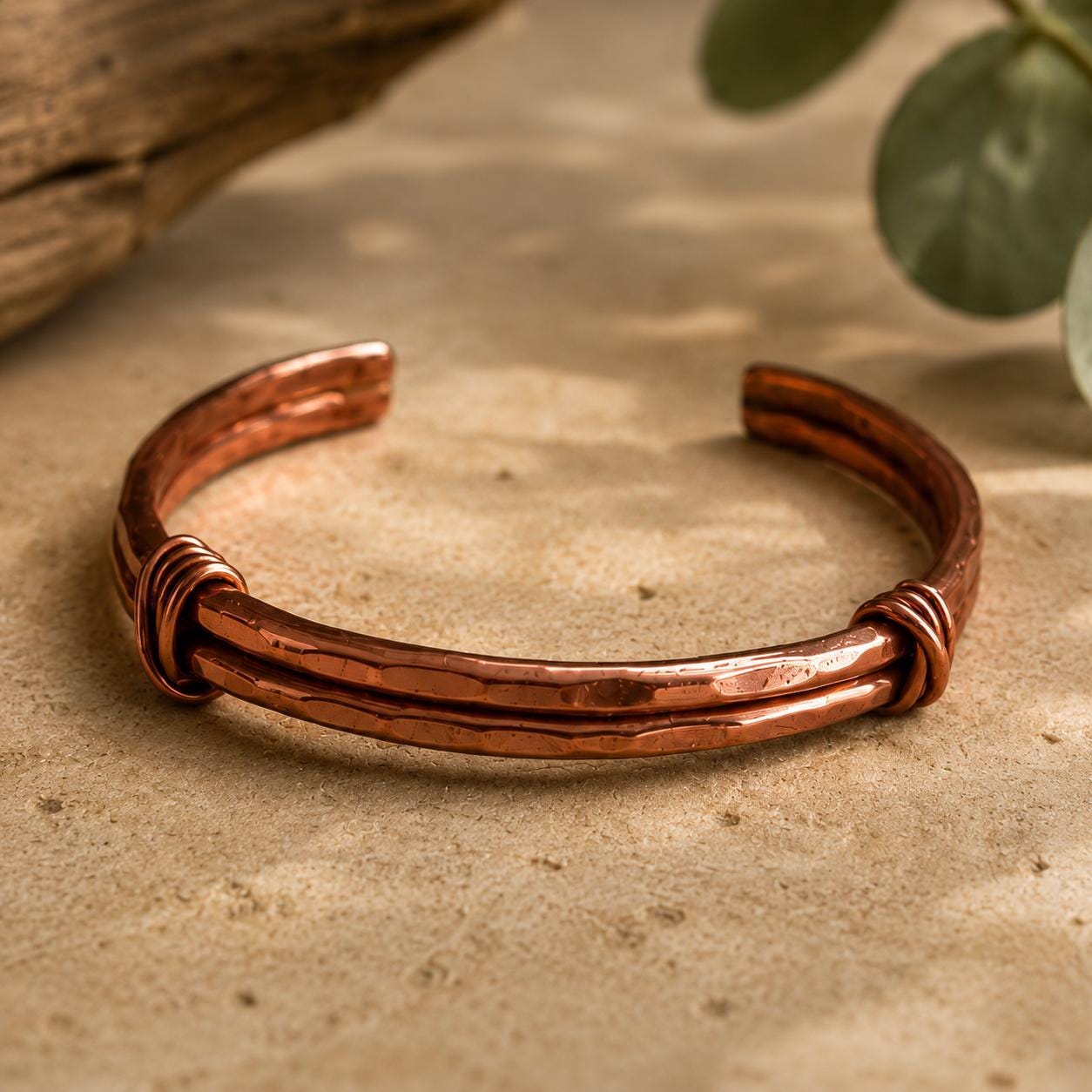 Hammered Copper Cuff Bracelet, Double Band Wire Wrapped, Rustic Unisex Jewelry