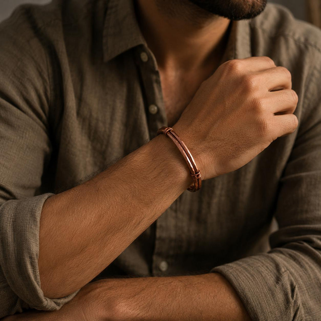 Hammered Copper Cuff Bracelet, Double Band Wire Wrapped, Rustic Unisex Jewelry