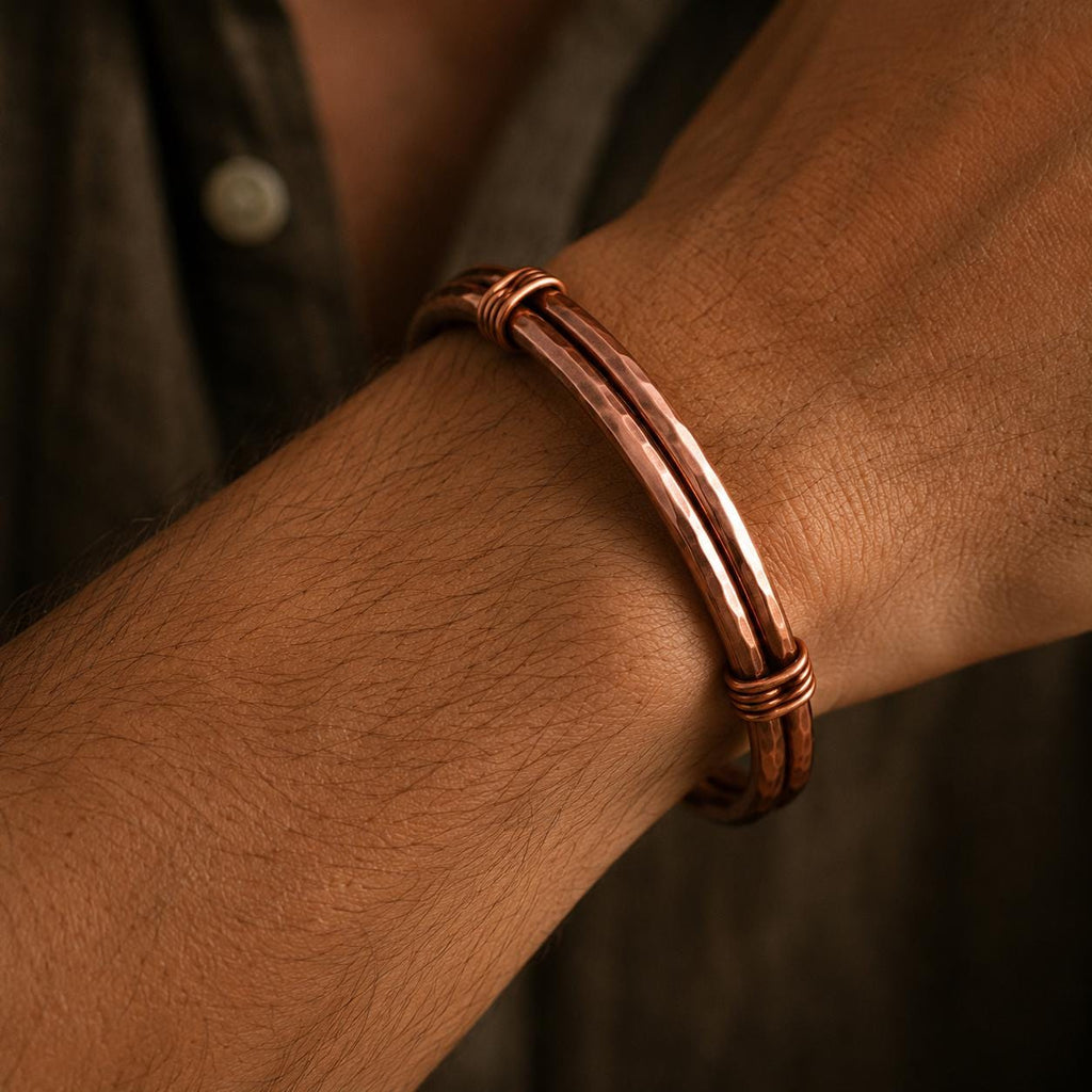 Hammered Copper Cuff Bracelet, Double Band Wire Wrapped, Rustic Unisex Jewelry