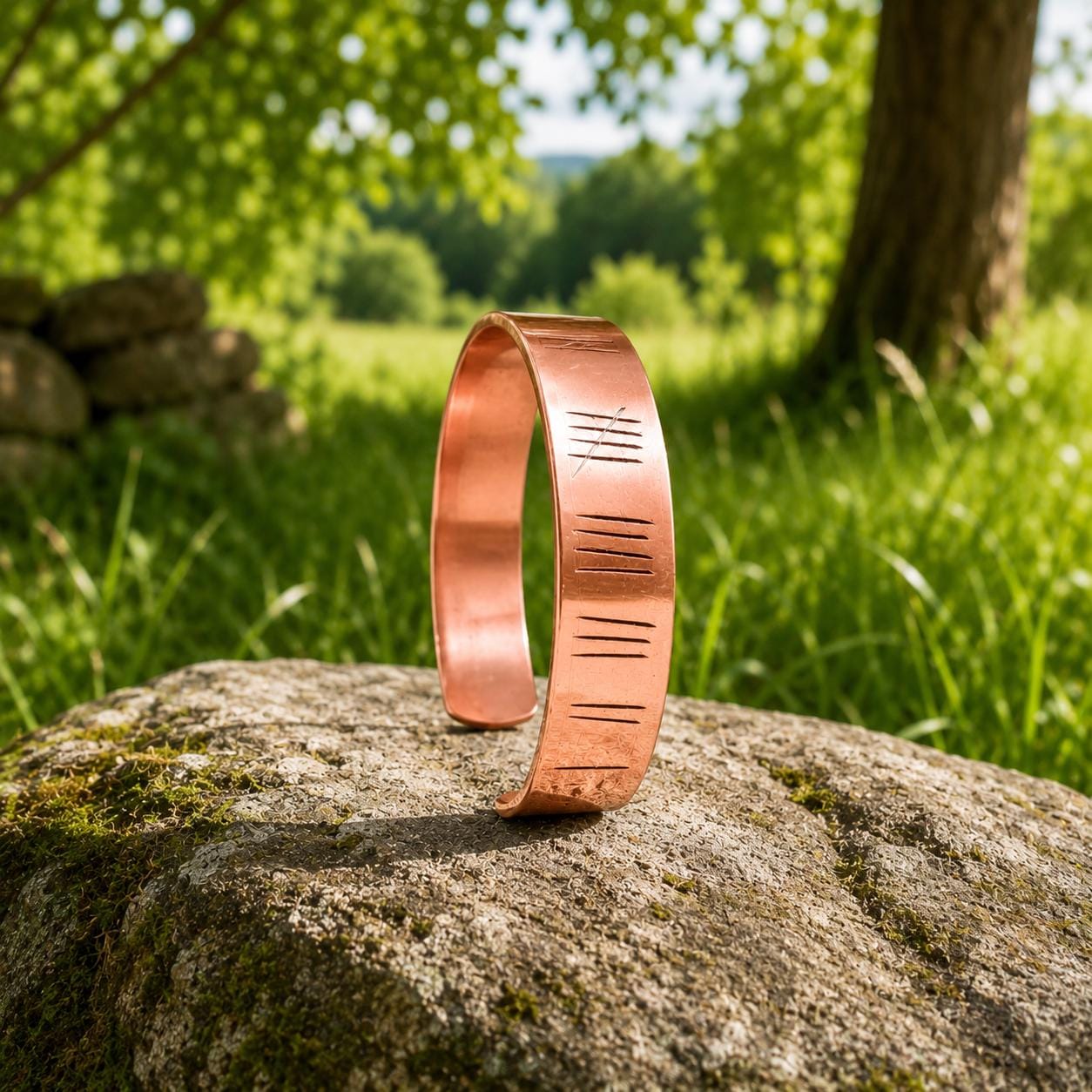 Engraved Copper Cuff Bracelet, Rustic Tally Mark Unisex Jewelry, Adjustable Handmade Bangle