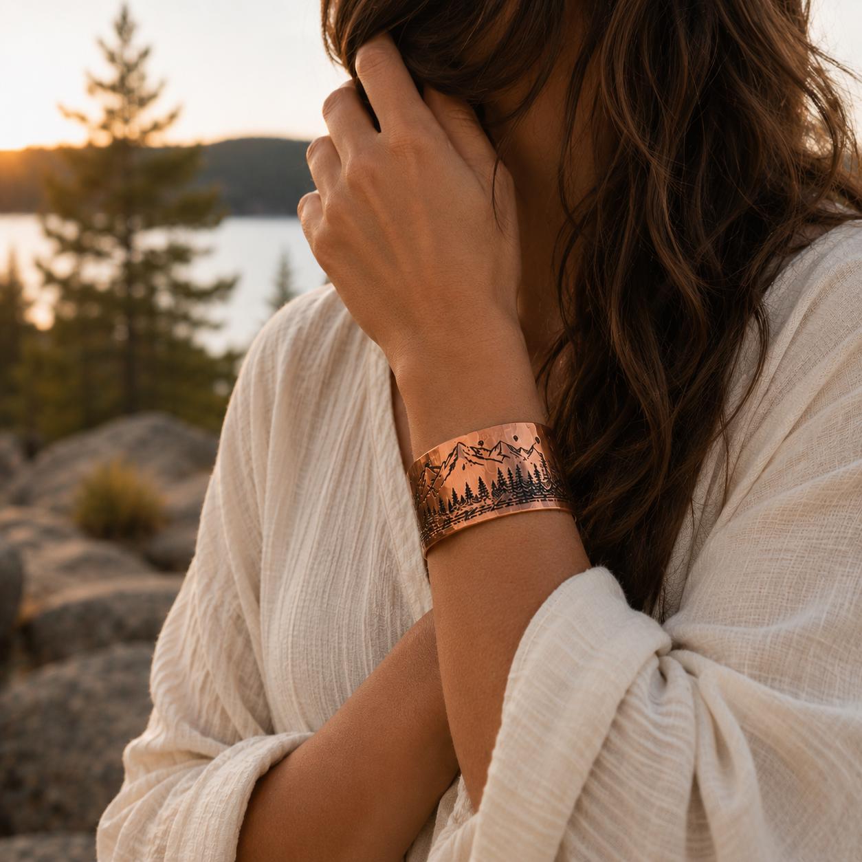Engraved Mountain Copper Cuff Bracelet, Forest Landscape Nature Jewelry, Adjustable Hiking Bangle