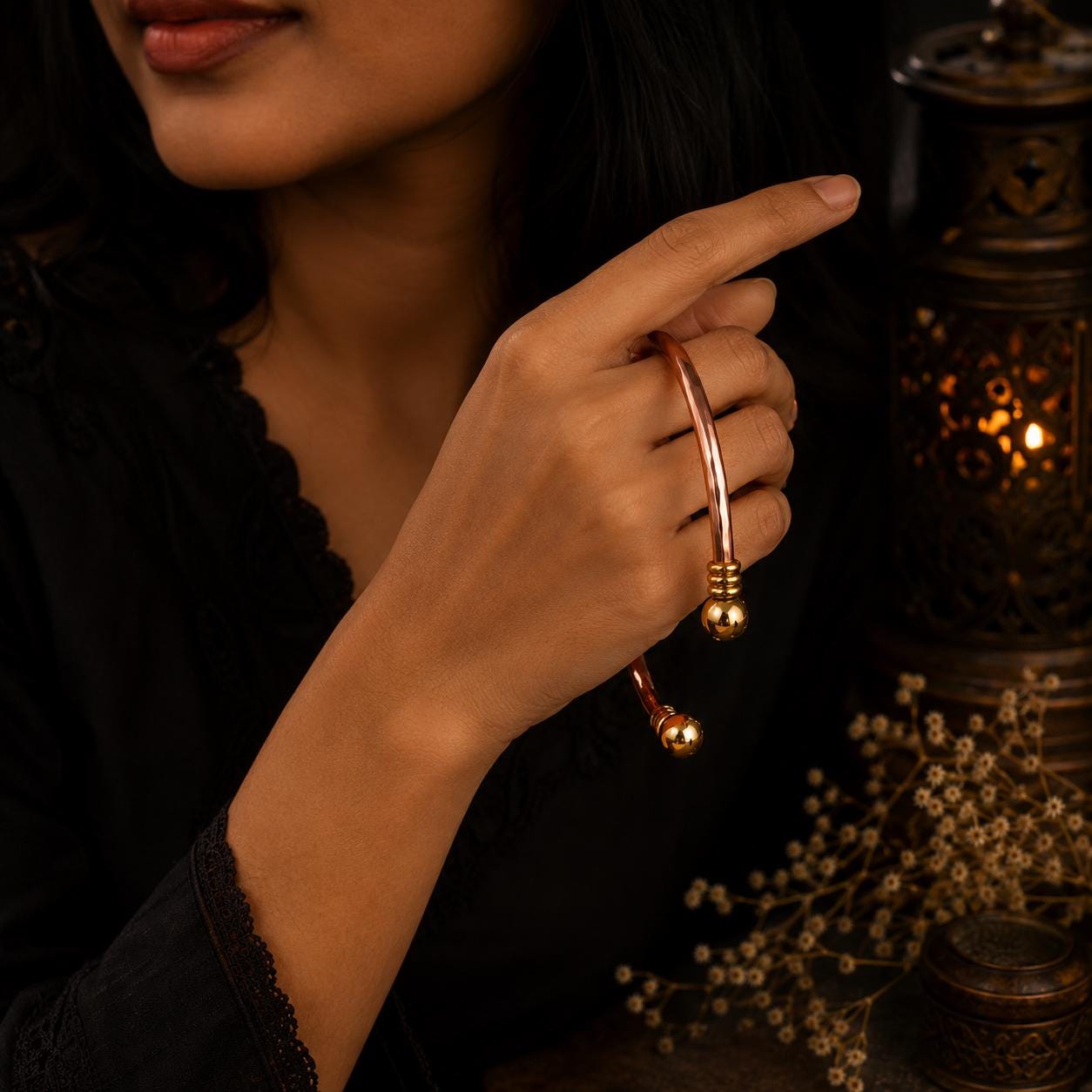Hammered Copper Cuff Bracelet, Brass Ball Accents, Minimalist Bangle Jewelry