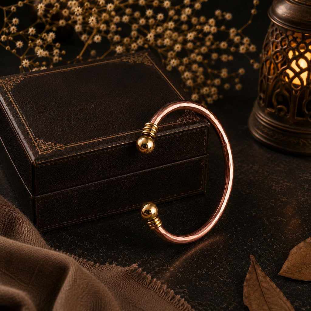 Hammered Copper Cuff Bracelet, Brass Ball Accents, Minimalist Bangle Jewelry