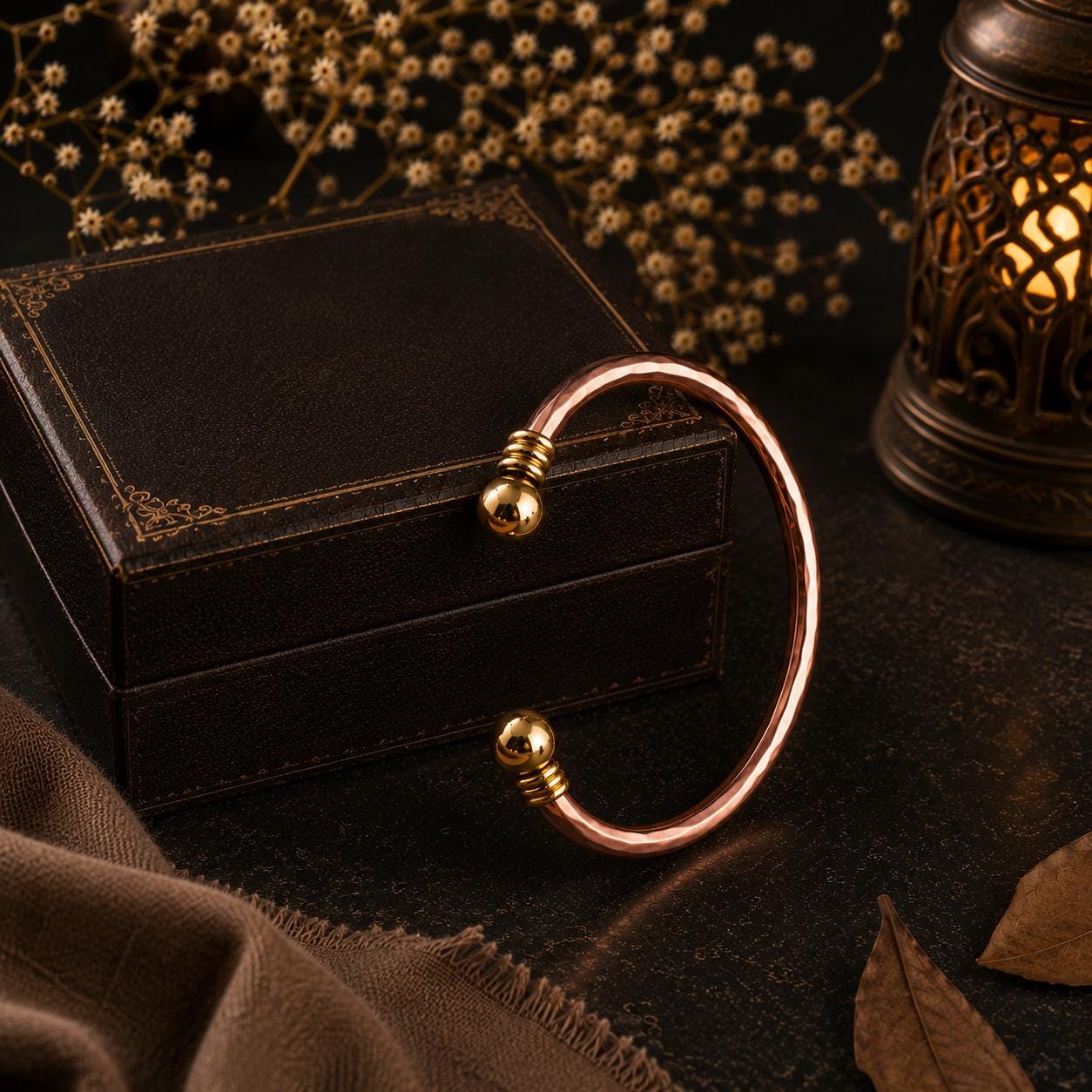 Hammered Copper Cuff Bracelet, Brass Ball Accents, Minimalist Bangle Jewelry