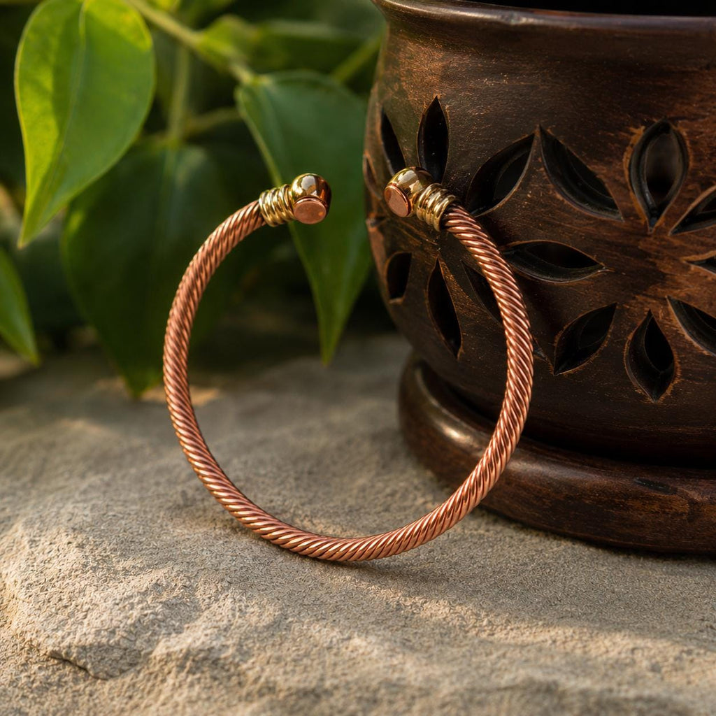 Handcrafted Twisted Copper Cuff Bracelet, Rope Design, Brass Accents, Unisex Bangle