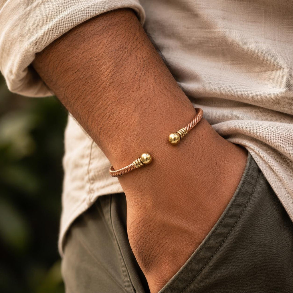 Handcrafted Twisted Copper Cuff Bracelet, Rope Design, Brass Accents, Unisex Bangle