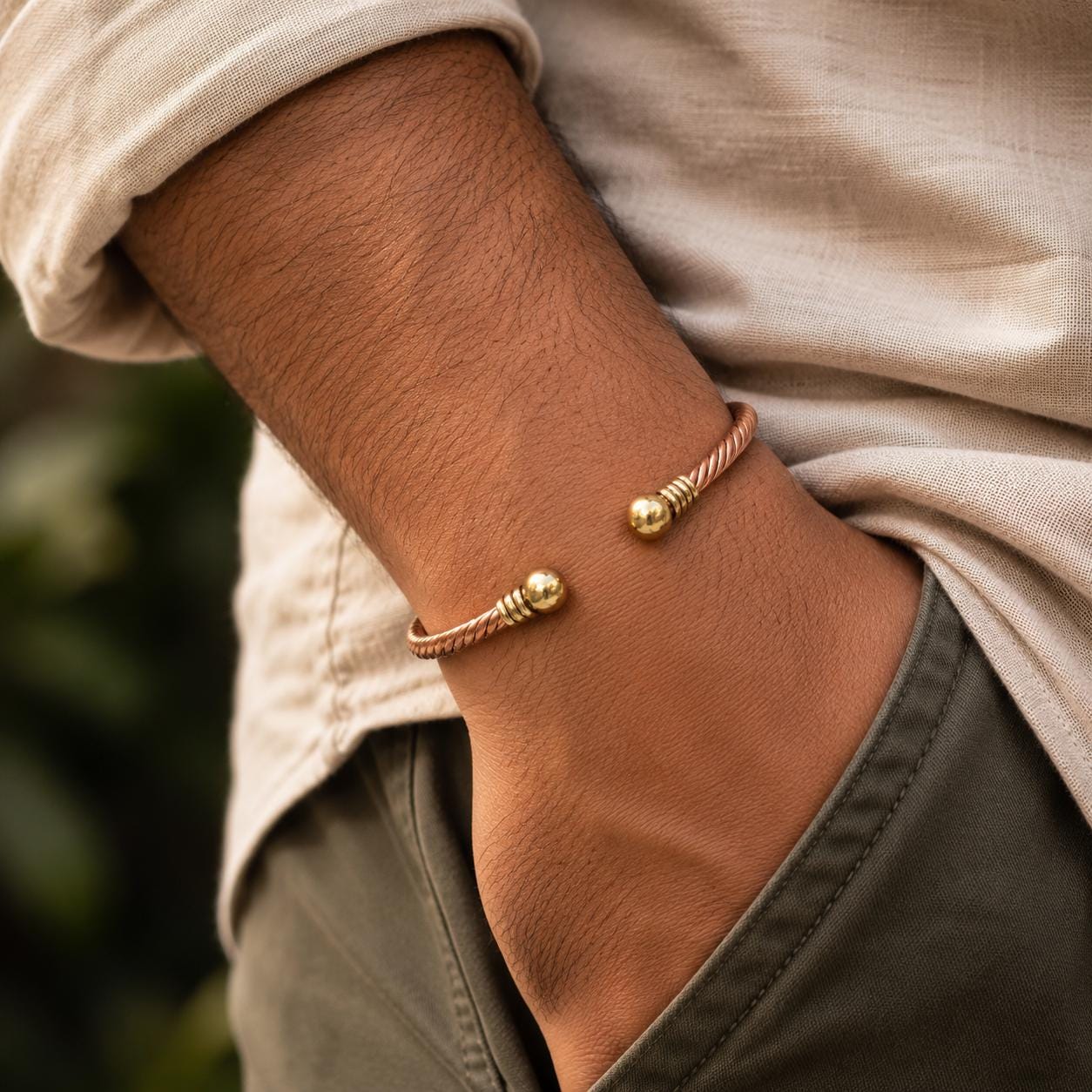 Handcrafted Twisted Copper Cuff Bracelet, Rope Design, Brass Accents, Unisex Bangle
