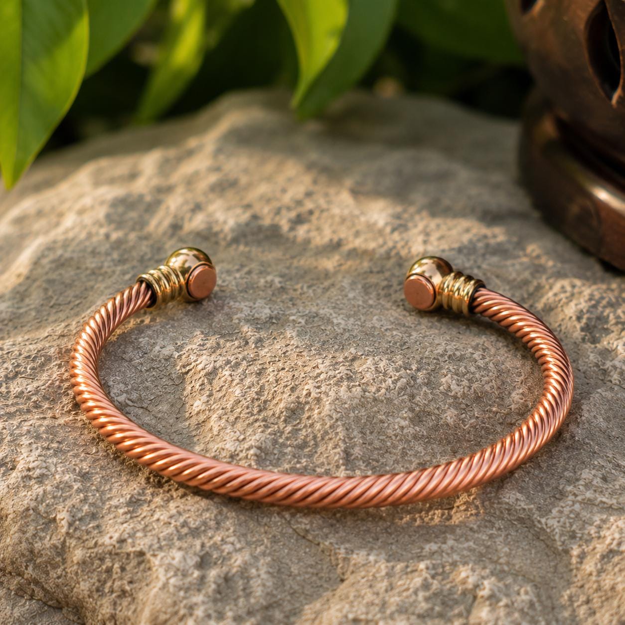 Handcrafted Twisted Copper Cuff Bracelet, Rope Design, Brass Accents, Unisex Bangle