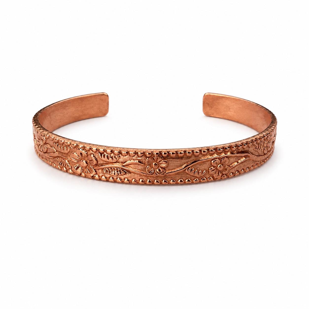 Engraved Floral Copper Cuff Bracelet | Vintage Style Bangle for Women