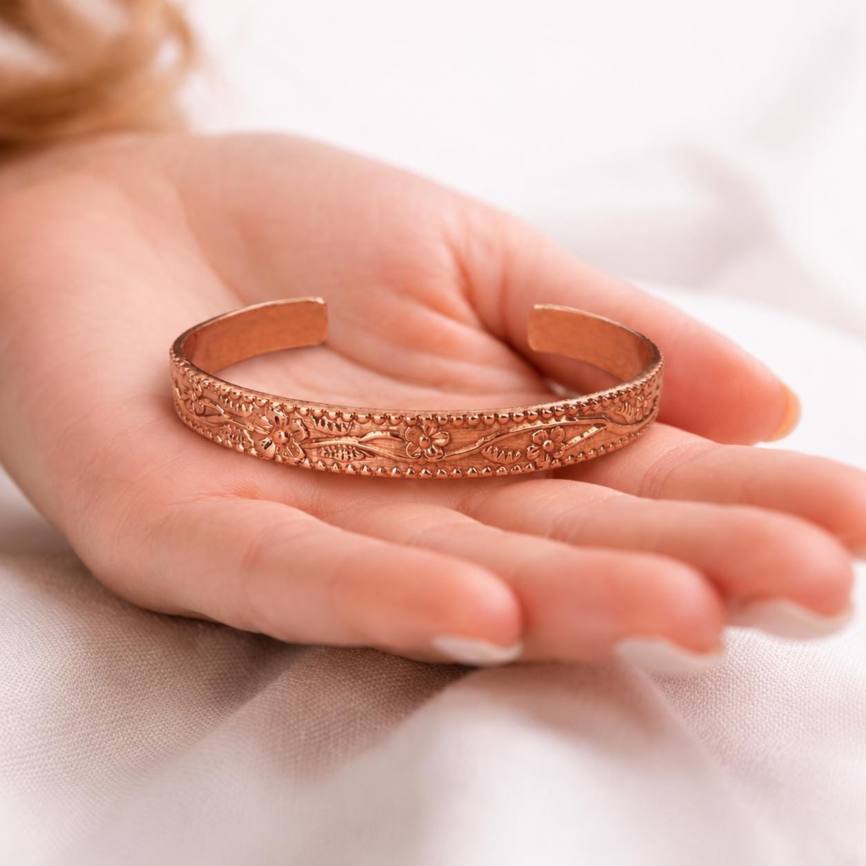 Engraved Floral Copper Cuff Bracelet | Vintage Style Bangle for Women