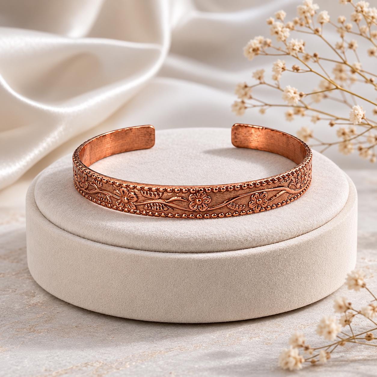 Engraved Floral Copper Cuff Bracelet | Vintage Style Bangle for Women