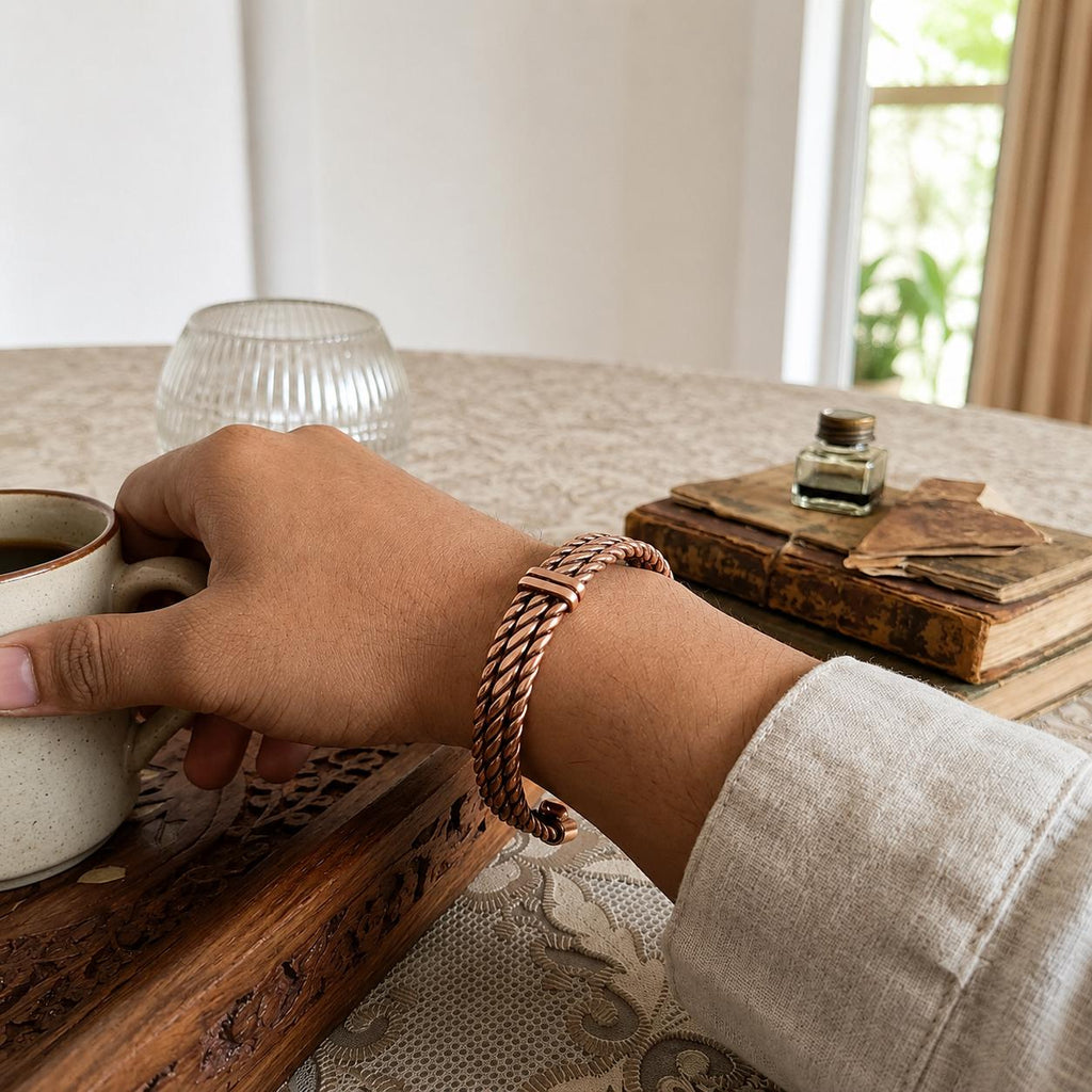 Handmade Twisted Copper Cuff Bracelet, Braided Unisex Jewelry, Adjustable Open Design
