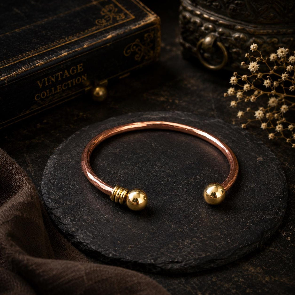 Hammered Copper Cuff Bracelet, Brass Ball Accents, Minimalist Bangle Jewelry