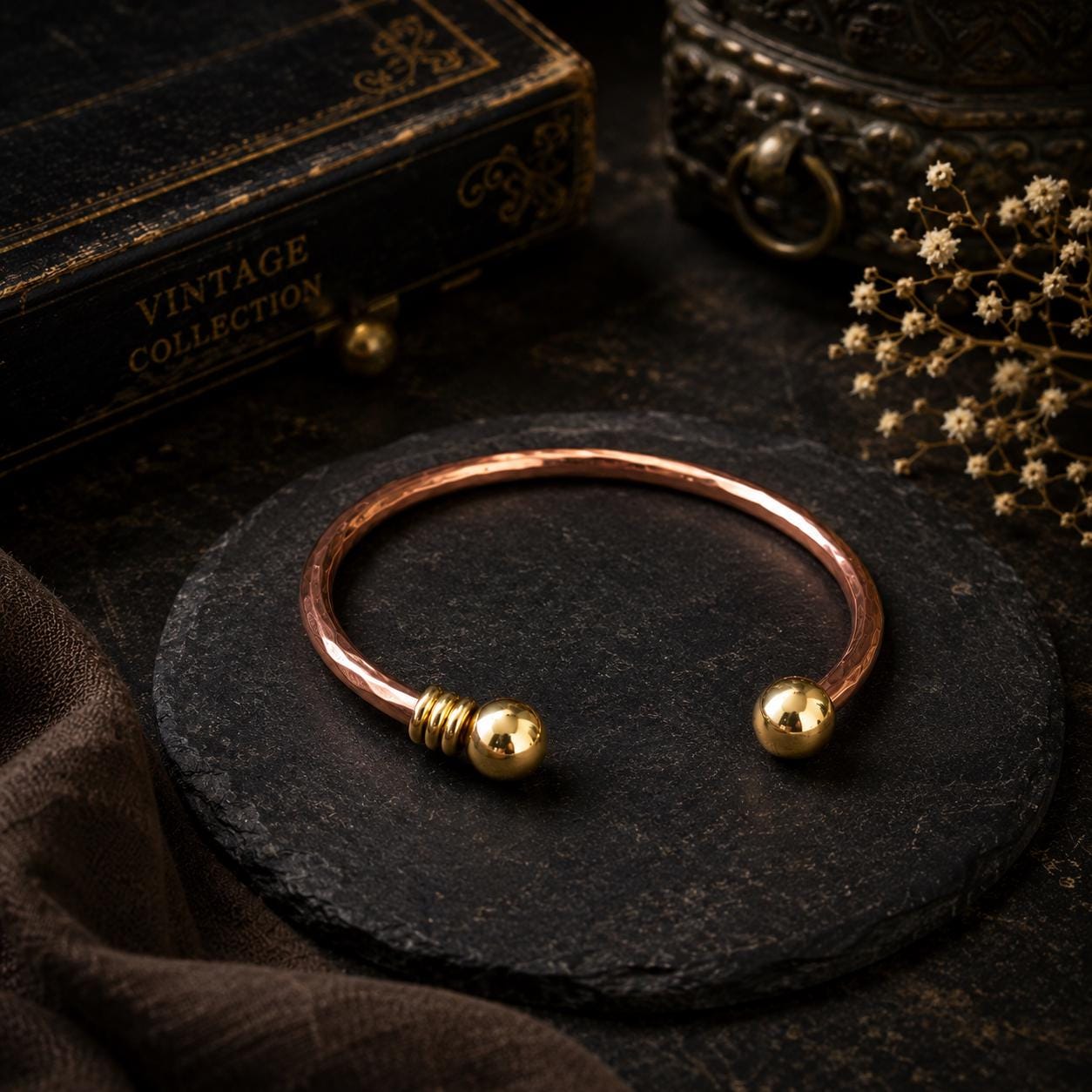 Hammered Copper Cuff Bracelet, Brass Ball Accents, Minimalist Bangle Jewelry