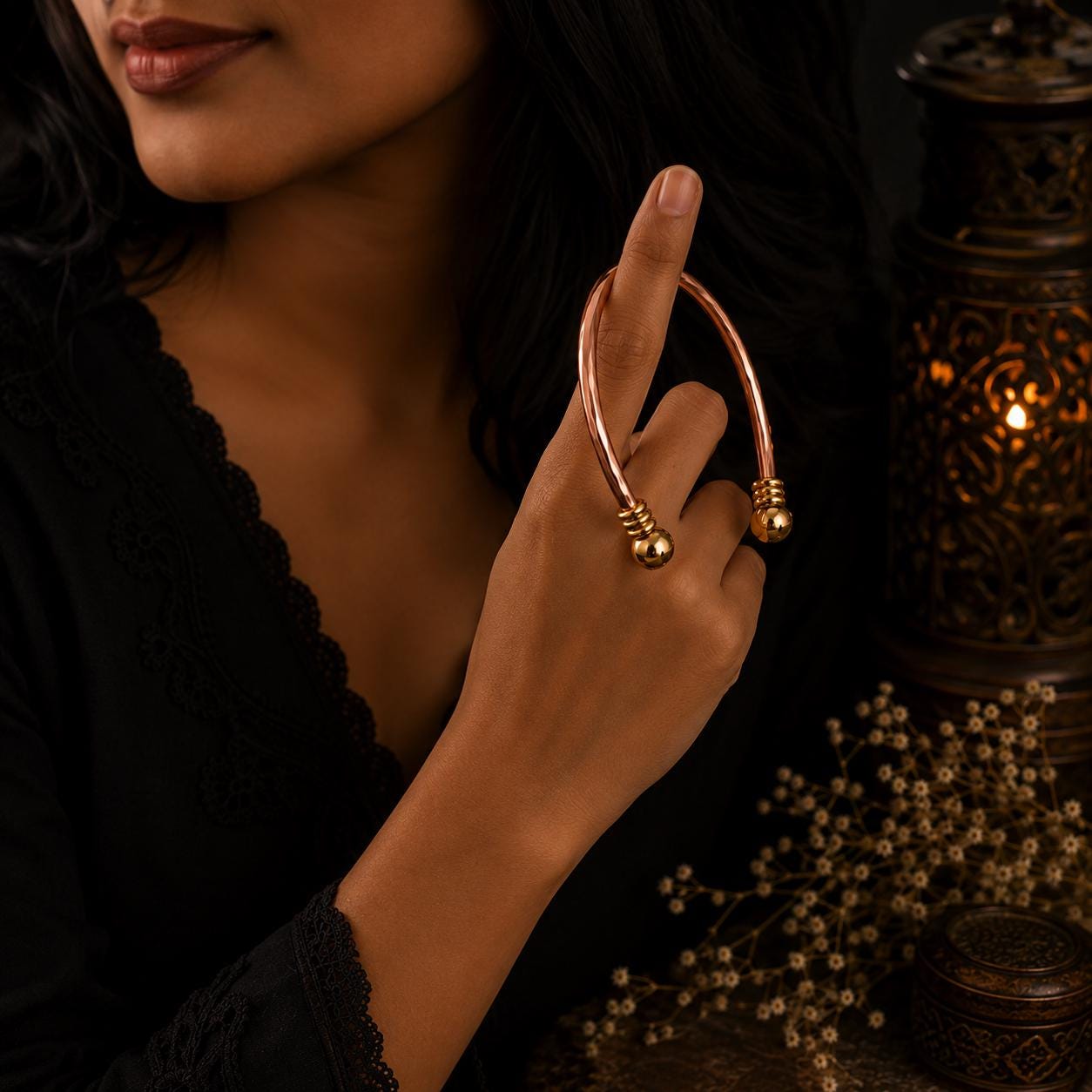 Hammered Copper Cuff Bracelet, Brass Ball Accents, Minimalist Bangle Jewelry