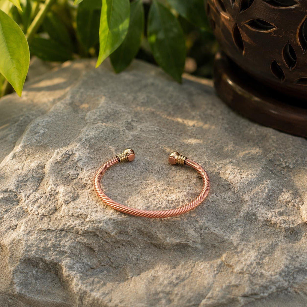 Handcrafted Twisted Copper Cuff Bracelet, Rope Design, Brass Accents, Unisex Bangle