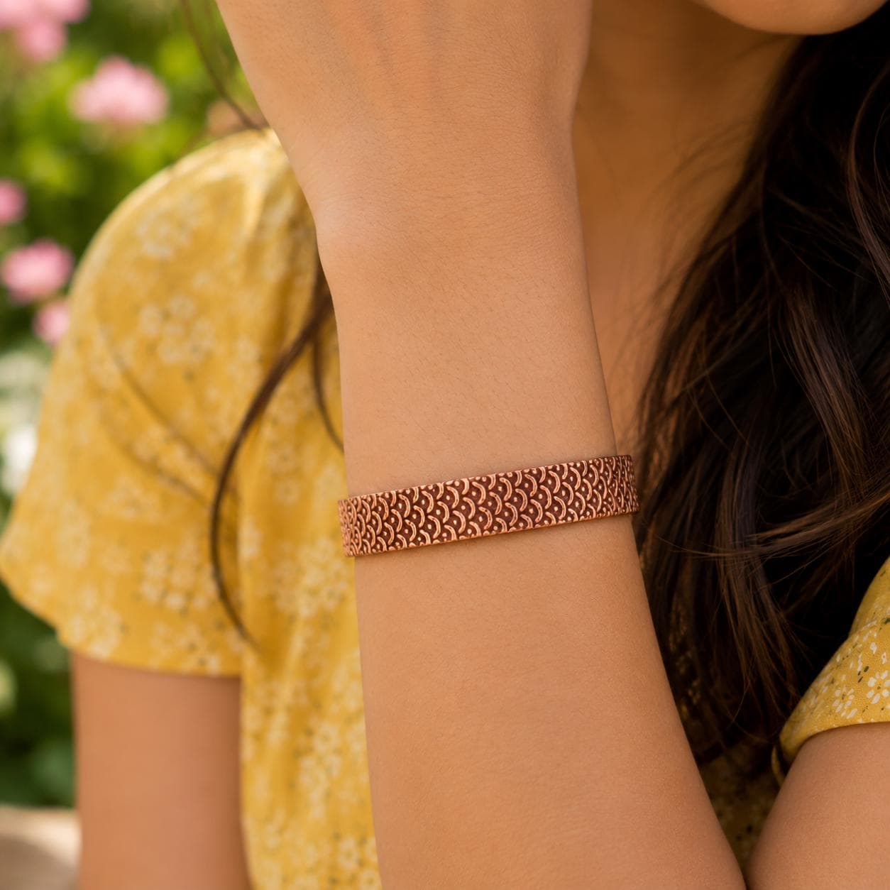 Handcrafted Copper Cuff Bracelet, Embossed Texture, Adjustable Boho Jewelry